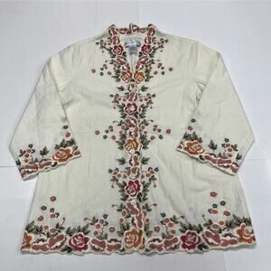 Susan Graver Floral Embroidered Top Jacket Womens Size S Linen Cottagecore
